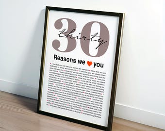 Reasons We Love You Poster, 30th Birthday Gift (Digital or Printed)