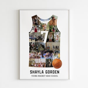May include: Framed basketball jersey collage featuring photos, the number 7, and a basketball. The jersey shape is filled with various images. The name "Shayla Gorden" and "Young Magnet High School" are printed below.