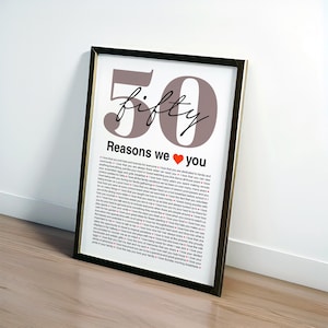 50 Reasons We Love You, Custom 50th Birthday Gift, 50th Birthday Gifts For Men, 50th Birthday Gifts For Women, 50 Things I Love You Poster