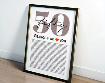 50 Reasons We Love You Poster, Custom 50th Birthday Gift