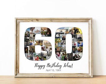 May include: A framed photo collage in the shape of the number 60, made up of smaller photos. The text "Happy Birthday John! April 18, 1964" is printed below the collage.