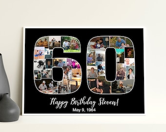 May include: A black and white photo collage in the shape of the number 60. The collage is made up of many different photos of people, and the number 60 is outlined in white. The text "Happy Birthday Steven! May 9, 1964" is written below the number.