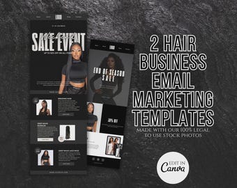 Email Marketing Newsletter Templates for Hair Extensions and Wig Business| Edit in Canva| Black and white Luxury| sale