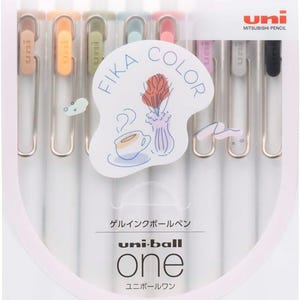May include: A set of eight uni-ball One gel pens in a clear plastic case. The pens are in pastel colours and have a FIKA COLOR design on the front. The pens are 0.38 mm and are made by Mitsubishi Pencil.