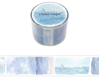 Fita adesiva Washi Tape com estampa de paisagem matinal, 30mm x 3m, transparente.