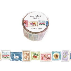 May include: A roll of masking tape with a vintage postage stamp design. The tape features illustrations of flowers, animals, and fruit. The text "masking tape" and "made in Japan" are printed on the tape.