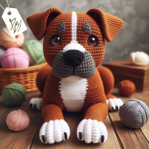 Pack of 4 Crochet Canine Art Photographs: + 1 video of Brown Pitbull with white paws, Unique Decoration for Dog Lovers