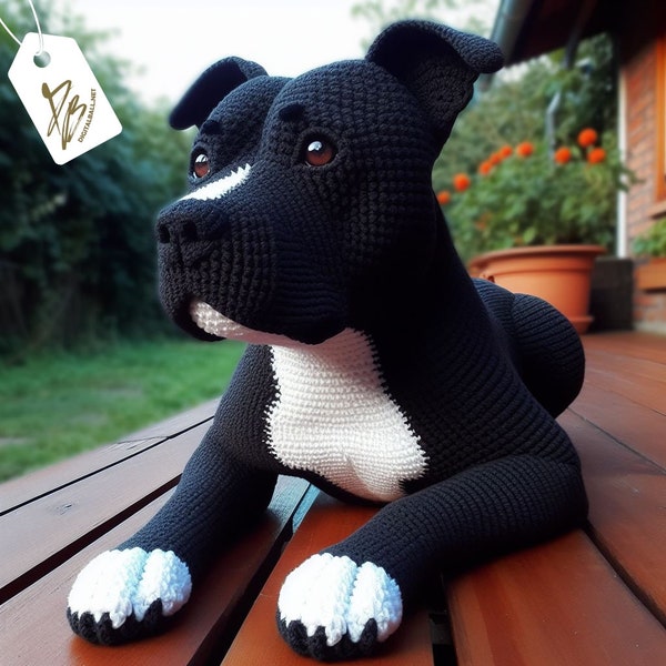 Set of 4 Crochet Dog Art Photographs: Black and White Pitbull + 1 video, Unique Decoration for Dog Lovers