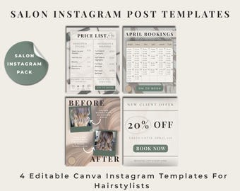 Plantillas de Instagram para salones de belleza en Canva, plantillas para redes sociales de peluquerías, plantillas para publicaciones de Instagram para negocios de belleza.