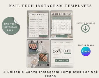 Plantillas de Instagram para técnicos de uñas en Canva, plantillas para redes sociales de salones de uñas, plantillas editables de Canva para publicaciones de marketing de artistas de uñas.