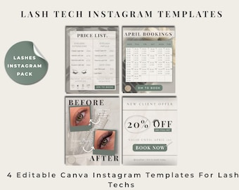 Plantillas de Canva para Instagram para técnicos de pestañas, plantillas de Canva para publicaciones en redes sociales para artistas de pestañas, plantillas editables de Canva para marketing de negocios de pestañas.
