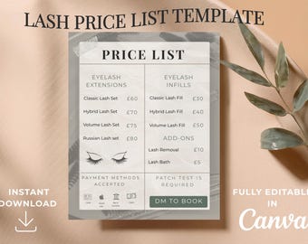 Plantilla de lista de precios para técnicos de pestañas en Canva, menú de servicios para artistas de pestañas, lista de precios editable para extensiones de pestañas, guía de precios para negocios de belleza.