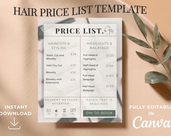 Plantilla de lista de precios para estilistas en Canva, plantilla de menú de servicios de peluquería, lista de precios editable para salones de belleza, guía de precios de belleza.