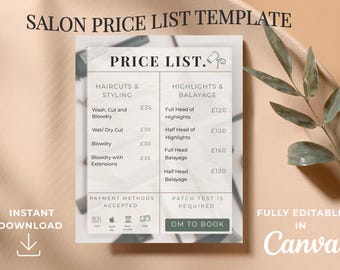 Plantilla de lista de precios para peluquería en Canva, plantilla de menú de servicios editable, guía de precios para peluquerías