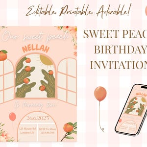 Sweet Peach Birthday Invitation Editable Canva Template – Peach Theme Invite for Girls – Printable Download for 1st or 2nd Birthday Party