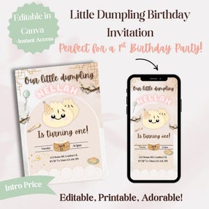 Dumpling 1. Geburtstagseinladung | Bearbeitbare Canva Vorlage | Bao Bun Thema Party einladen Design | Ausdruckbare Geburtstagseinladungskarte für Kinder