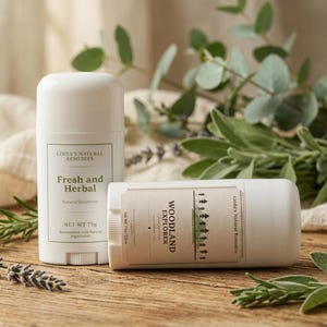 May include: Two white cylindrical deodorant sticks with labels. One stands upright, labelled Linda's Natural Remedies Fresh and Herbal, Net Wt 75g. The other lies horizontally, labelled Woodland Explorer, Net Wt 75g, featuring a forest graphic.