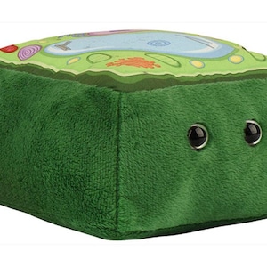 May include: A square, plush green cushion featuring a detailed, colorful illustration of a biological cell on its top surface. The sides are covered in soft, dark green fabric, and the front panel includes two round, black, glossy plastic eyes.