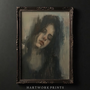 Anmut | Druckbare Dark Academia Wandkunst, dunkle Cottagecore Drucke, stimmungsvolle Bauernhaus Dekoration, Gothic abstraktes Portrait Ölgemälde