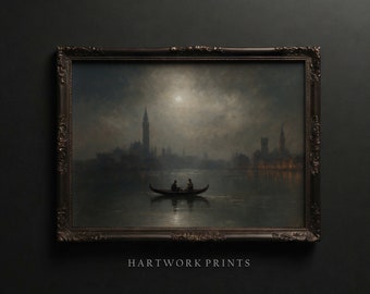 Gondola | Moody Seascape Oil Painting, Dark Academia Print, Dark Cottagecore Decor, Antique Farmhouse Home Decor, Gloomy Wall Art Download