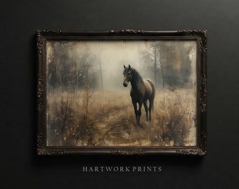 May include: A framed painting depicting a dark brown horse standing in a misty woodland. The horse is facing the viewer and has a long mane and tail. The woodland is filled with tall trees and the ground is covered in brown leaves. The painting is in a dark brown frame with ornate details.