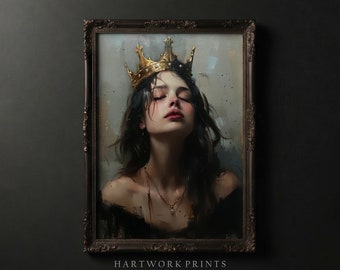 May include: A painting of a woman wearing a gold crown. She has long dark hair and is wearing a black dress. The painting is in a dark, ornate frame.