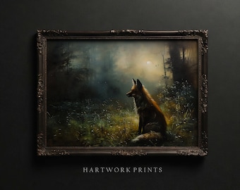 Red Fox | Printable Dark Academia Wall Art, Woodland Fox Oil Painting, Dark Cottagecore Prints, Gothic Decor Wall Art Gloomy Witchy Wall Art