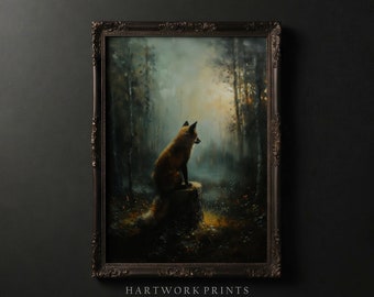 Fox | Printable Dark Academia Wall Art, Woodland Fox Oil Painting, Dark Cottagecore Prints, Moody Farmhouse Home Decor, Gothic Fox Painting