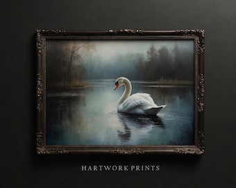 Swan | Printable Dark Academia Wall Art, Moody Dark Cottagecore Prints, Vintage Farmhouse Home Decor, Vintage Gothic Swan Oil Painting