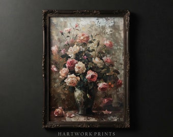 Moody Roses | Vintage Roses Oil Painting, Light Academia Printable Floral Spring Flowers Cottagecore Decor, Farmhouse Home Decor Art Prints
