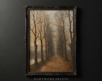 Lonely Road | Vintage Forest Landscape Oil Painting, Moody Sunset Art Print, Printable Cottagecore Wall Art, Antique Farmhouse Decor Prints