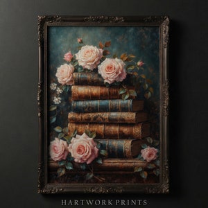 Blumen Literatur | Druckbare Antike Bücher Stillleben, Dark Academia Blumen Wand Kunst Dark Cottagecore Dekor, Vintage Moody Gothic Wandkunst