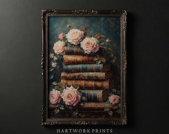 Floral Literature | Printable Antique Books Still Life, Dark Academia Flowers Wall Art Dark Cottagecore Decor, Vintage Moody Gothic Wall Art