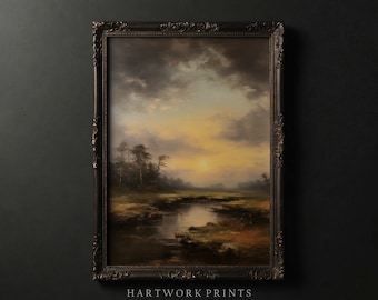 Gold Sky  | Printable Dark Academia Wall Art, Vintage Dark Cottagecore Prints, Moody Farmhouse Home Decor, Gothic Landscape Oil Painting