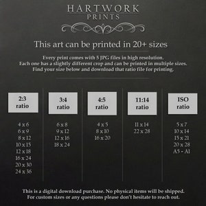 Op de afbeelding: Een grafiek met verschillende afdrukformaten en verhoudingen voor digitale kunstafdrukken. De grafiek bevat formaten van 4x6 inch tot 24x36 inch en verhoudingen van 2:3 tot ISO.
