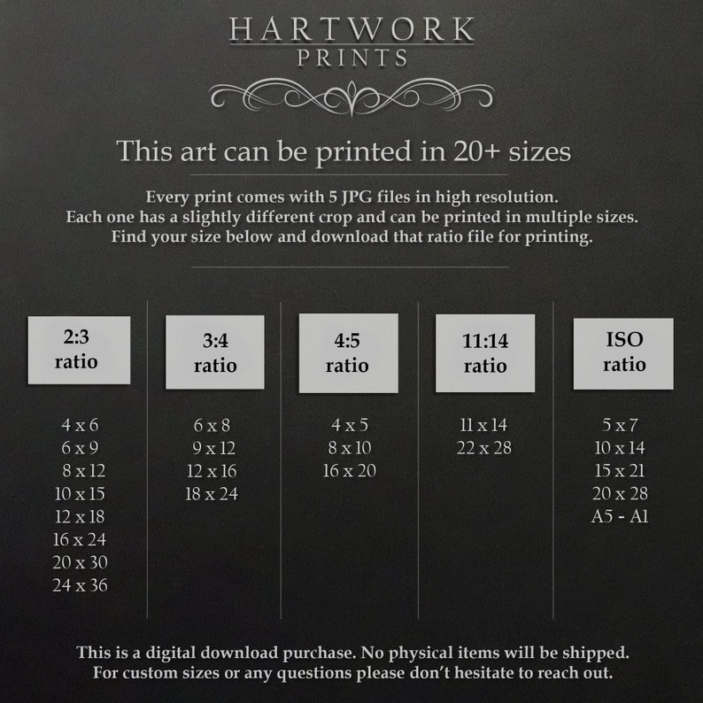 Op de afbeelding: Een grafiek met verschillende afdrukformaten en verhoudingen voor digitale kunstafdrukken. De grafiek bevat formaten van 4x6 inch tot 24x36 inch en verhoudingen van 2:3 tot ISO.