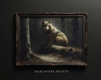 Lone Wolf | Printable Dark Academia Wall Art Rustic Wolf Oil Painting Dark Cottagecore Prints Moody Farmhouse Decor Gothic Wolves Painting