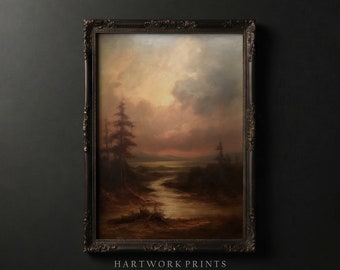 Red Skies | Printable Dark Academia Wall Art, Vintage Dark Cottagecore Prints, Moody Farmhouse Home Decor, Gothic Forest River Oil Painting