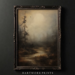 Waldnebel | Druckbare Dark Academia Wandkunst, dunkle Cottagecore Drucke, stimmungsvolle Bauernhaus Dekoration, gotische Landschaftsölgemälde