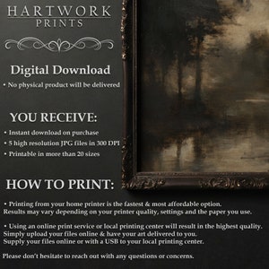 Op de afbeelding: Een digitale download-vermelding voor afdrukbare kunst. De vermelding bevat informatie over de directe download, hoge resolutie JPG-bestanden en afdrukbare formaten. De afbeelding toont ook een ingelijst schilderij van een boslandschap.