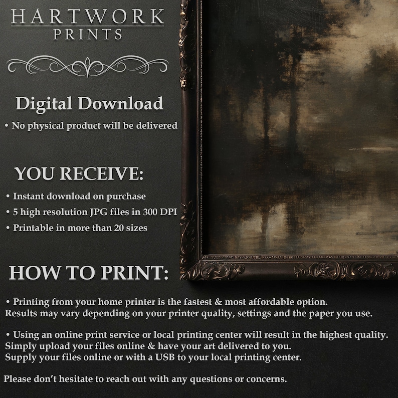 Op de afbeelding: Een digitale download-vermelding voor afdrukbare kunst. De vermelding bevat informatie over de directe download, hoge resolutie JPG-bestanden en afdrukbare formaten. De afbeelding toont ook een ingelijst schilderij van een boslandschap.