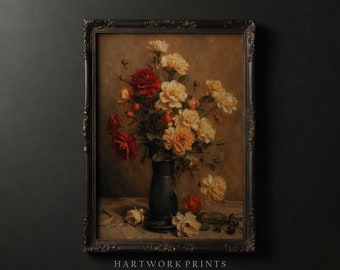 Bouquet Still Life | Vintage Rose Bouquet Oil Painting, Printable Dark Academia Wall Art, Dark Cottagecore Decor, Moody Floral Wall Art,
