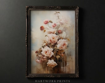 Roses | Printable Light Academia Wall Art, Vintage Moody Cottagecore Prints, Dark Farmhouse Home Decor, Gothic Abstract Flowers Oil Painting