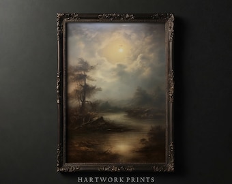 River | Printable Dark Academia Wall Art, Vintage Dark Cottagecore Prints, Moody Farmhouse Home Decor, Gothic Forest River Oil Painting