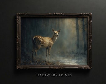 Forest Doe | Vintage Forest Deer Oil Painting, Printable Woodland Doe Cottagecore Decor, Moody Farmhouse Home Decor, Rustic Vintage Wall Art