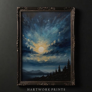 May include: A framed painting of a blue and white sky with a full moon and a silhouette of trees in the foreground.