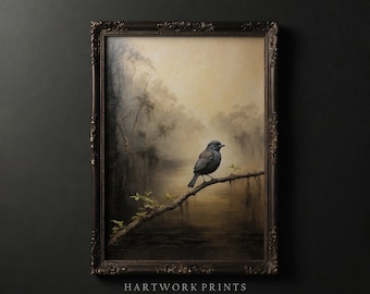 Perched Bird | Moody Bird Oil Painting, Printable Dark Cottagecore Wall Art, Dark Academia Home Decor, Gloomy Antique Art Downloadable Print