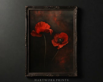 Poppy | Printable Dark Academia Wall Art, Vintage Dark Cottagecore Prints, Moody Farmhouse Home Decor, Gothic Flower Oil Painting Floral Art