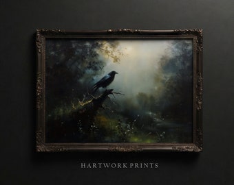 Crow | Printable Dark Academia Wall Art, Vintage Dark Cottagecore Prints, Moody Farmhouse Home Decor, Gothic Bird Oil Painting