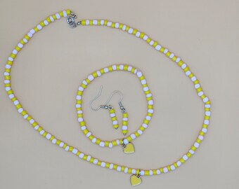 Yellow Beaded Heart Jewelry Set | Necklace, Bracelet, Earrings